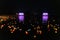 Floating colored lanterns and garlands on river at night on Vesak day for celebrating Buddha\'s birthday in Eastern culture, that