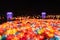 Floating colored lanterns and garlands on river at night on Vesak day for celebrating Buddha\'s birthday in Eastern culture, that