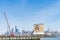 Floating construction crane on Hudson River, Jersey City in the