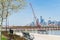 Floating construction crane on Hudson River, Jersey City in the background