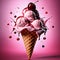 Floating, delicious cherry gelato cone, The bright pink gelato is piled high in a crispy waffle cone