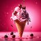 Floating, delicious cherry gelato cone, The bright pink gelato is piled high in a crispy waffle cone