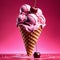 Floating, delicious cherry gelato cone, The bright pink gelato is piled high in a crispy waffle cone