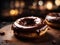 Floating delicious chocolate doughnut is a thing of beauty. It has a deep, rich chocolate color