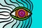 Floating eye psychedelic wallpaper in cartoon comic style blue turquoise purple orange