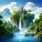 floating fantasy island with river and waterfall, adorned with trees and green grass - a captivating and dreamlike scene