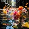 Floating flowers on a sidewalk in vibrant colors