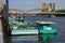 Floating garbage collecting boats at anchor on the Sumida River