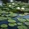 A floating garden of lily pads on a serene, reflective pond, each pad supporting a different type of flower4