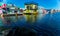 Floating Home Village colorful Houseboats Water Taxi Fisherman`s Wharf Reflection Inner Harbor, Victoria British Columbia Canada