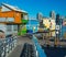 Floating Home Village colorful Houseboats Water Taxi Fisherman`s Wharf Reflection Inner Harbor, Victoria British Columbia Canada