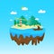 Floating island in flat illustration with beach landscape and lighthouse. beach panorama illustration. Summer vector background