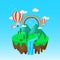 Floating island in flat illustration with mountain; hill; and air balloon. Rainbow panorama illustration. Summer vector background