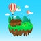 Floating island in flat illustration with mountain, hill, and air balloon. Village panorama illustration. Summer vector background