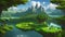 Floating island with lake and beautiful landscape. 3d illustration of flying land green forestd with clouds.