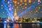 Floating lamp and laser show in yee peng festival under loy krathong day at Wat Arun, Bangkok, Thailand