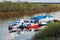 Floating landing stage with boats on the River Oka in Nizhny Novgorod