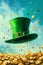 Floating leprechaun hat golden coins clover luck prosperity Irish culture festive magical atmosphere