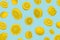 Floating levitating fresh lemon on pastel blue background, Vitamins, healthy diet concept