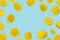 Floating levitating fresh lemon on pastel blue background. Vitamins, healthy diet concept
