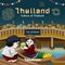 Floating market festival culture of thailand cute cartoon couple of kids character vector illustration