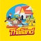 Floating market in Thailand with typographic. landmark of Thailand - vector illustration