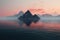 a floating mountain range above a serene ocean at dawn