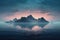 a floating mountain range above a serene ocean at dawn