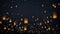 Floating paper lanterns in the night sky. paper lanterns floating in a night sky. Dark sky filled floating lanterns night