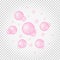 Floating pink bubbles on transparent background. Soap foam, bath suds, cleanser texture. Fizzy cherry or strawberry