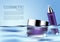 Floating purple cosmetic products with small bubbles , Vector pu