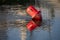 Floating red navigational buoy in the Neris River