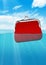 Floating red wallet at ocean, colorful finance concept
