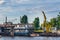 Floating repair station and cranes for river vessels