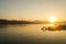 Floating residence in sunrise in the morning Sangklaburi, Kanchaburi Thailand