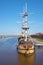 Floating restaurant frigate `Flagship` on the Volkhov river close-up. Velikiy Novgorod