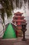 A floating restaurant on a misty morning at the shore of the east lake in Wuhan, China vertical capture