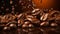 Floating roasted coffee beans cascading in the air with a rich brown background, creating an aromatic sense of freshness and