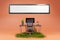 floating search box with single empty office computer workspace discount offer buy orange background and grass on floor online