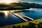 Floating solar farm on a serene lake while minimizing land use.