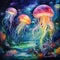 Floating Symphony: An ethereal ballet of jellyfish in a surreal underwater garden