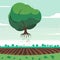 Floating tree dropping seeds over farm vector graphics