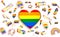 Floating various objects connected with gay pride and in the middle a big heart with rainbow pattern inside. LGBT issues. 3D