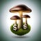 Floating Vignetted Psilocybin Mushrooms and Dollar Signs Profit Illustration