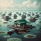 A floating village on a tranquil lake, surrounded by water lilies. landscape Background, Morning time, Generative Ai.