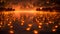 Floating on the water hundreds of small lantern candles in the background, cityscape and from a boat, banner with space for your