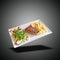 Floating White plate with Beef steack, french fries and tomato in salad
