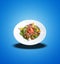 Floating White plate with shrimps and salmon on salad on blue gradient
