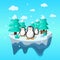 Floating winter island in flat illustration with penguin,  and ice panorama. Ice island illustration. winter vector background fit