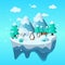 Floating winter island in flat illustration with penguin, snow man and ice panorama. Ice island illustration. winter vector